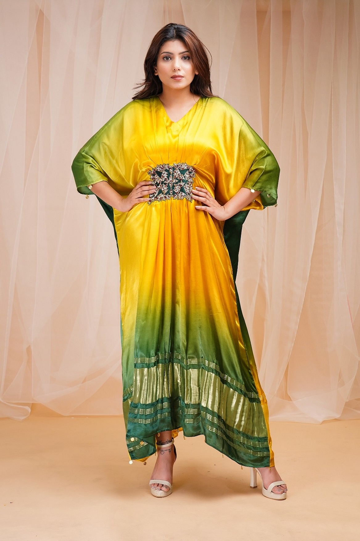 A model showcasing Bright Yellow Golf Green Kaftaan Feature image by Farha Syed from Farha Syed's collection