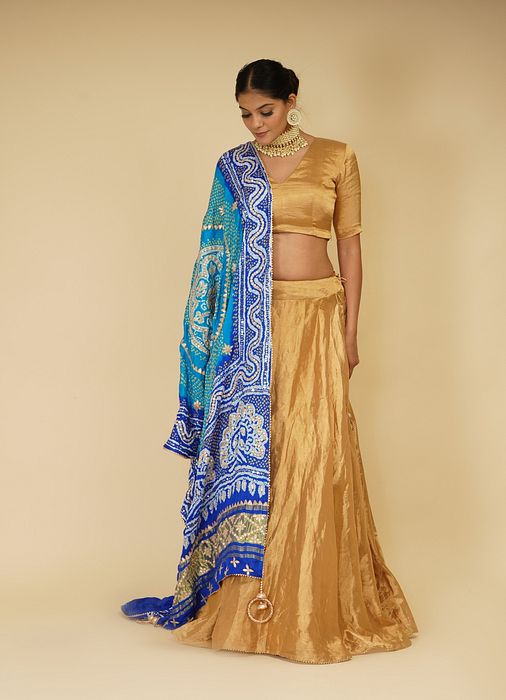 A model showcasing Golden Lehenga Set And Peacock Dupatta by Farha Syed from Farha Syed's collection