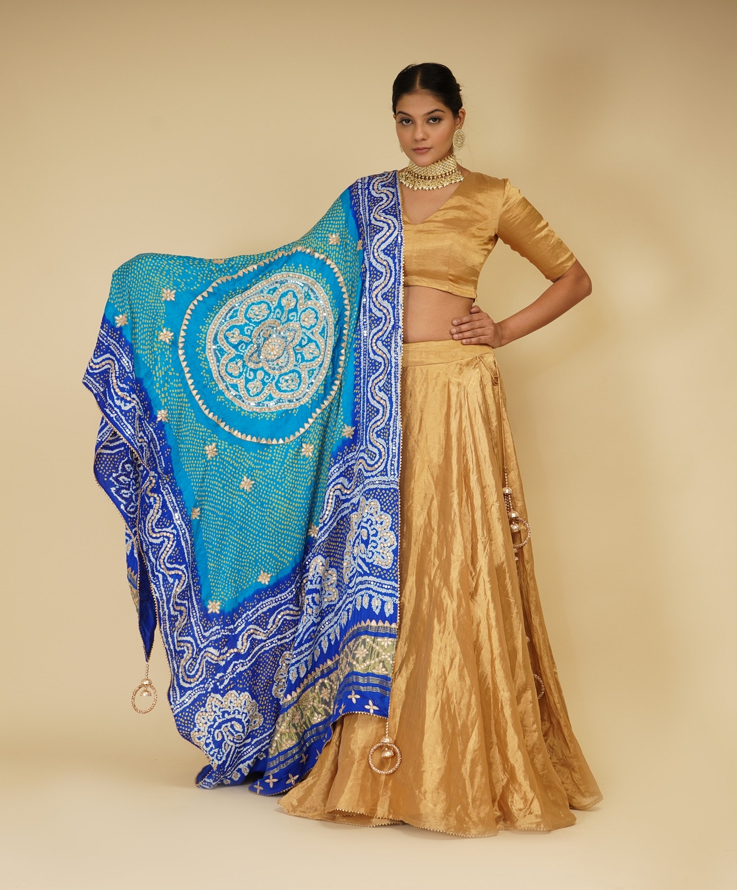 A model showcasing Golden Lehenga Set And Peacock Dupatta Feature image by Farha Syed from Farha Syed's collection