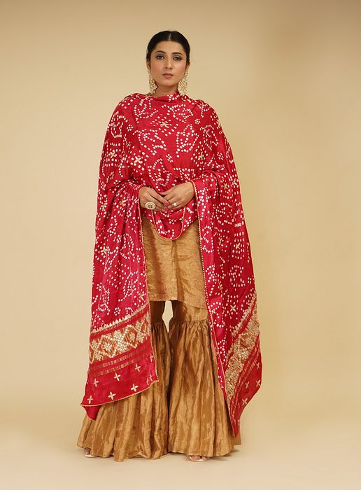 A model showcasing Golden Sharara Set With Red Pink Dupatta by Farha Syed from Farha Syed's collection