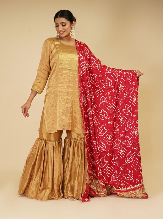 A model showcasing Golden Sharara Set With Red Pink Dupatta by Farha Syed from Farha Syed's collection