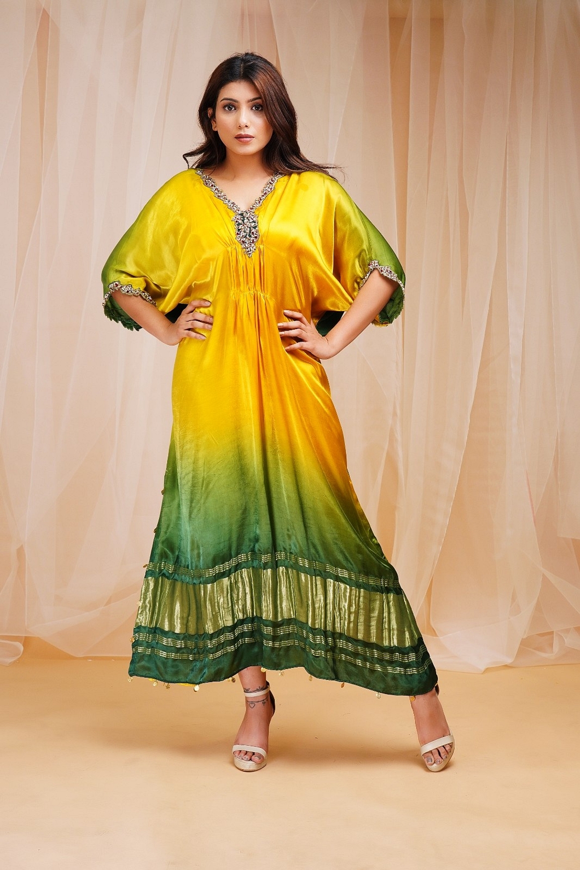 A model showcasing Bright Yellow Golf Green Shaded Kaftan Feature image by Farha Syed from Farha Syed's collection