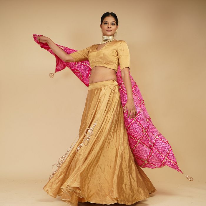 A model showcasing 3 Peice Lehenga With Pink Dupatta by Farha Syed from Farha Syed's collection