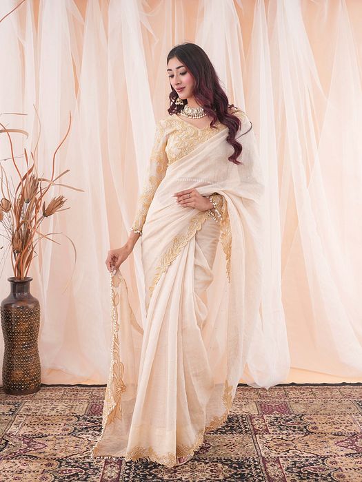 A model showcasing Ivory Beige Saree by Farha Syed from Farha Syed's collection
