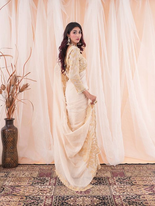 A model showcasing Ivory Beige Saree by Farha Syed from Farha Syed's collection