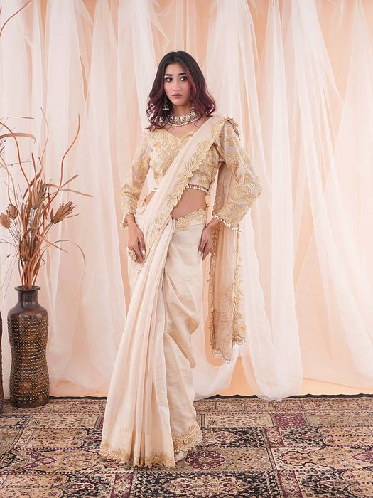 A model showcasing Ivory Beige Saree by Farha Syed from Farha Syed's collection