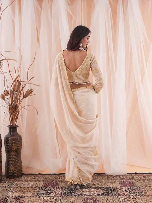 A model showcasing Ivory Beige Saree by Farha Syed from Farha Syed's collection
