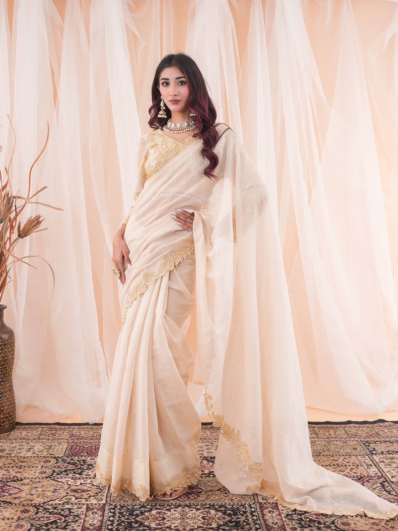 A model showcasing Ivory Beige Saree Feature image by Farha Syed from Farha Syed's collection