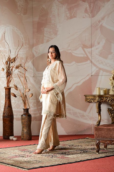 A model showcasing Ivory Beige Coord Set by Farha Syed from Farha Syed's collection