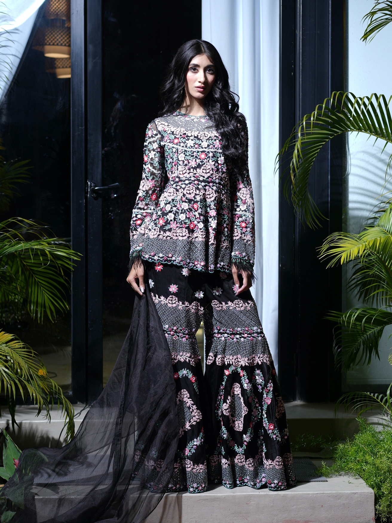 A model showcasing Black Sharara Kurta Set Feature image by Farha Syed from Farha Syed's collection