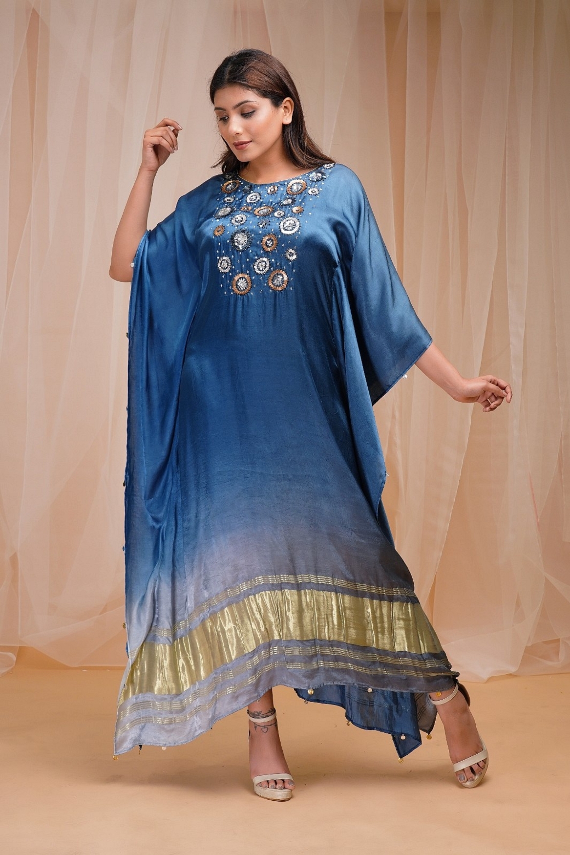 A model showcasing Sapphire Blue Cornflower Blue Shaded Kaftaan Feature image by Farha Syed from Farha Syed's collection
