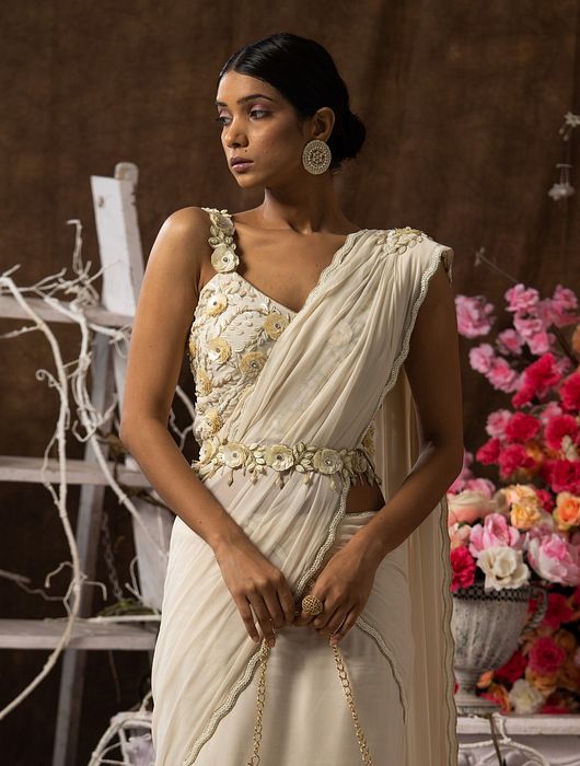A model showcasing Fishcut Saree With Belt by Farha Syed from Farha Syed's collection
