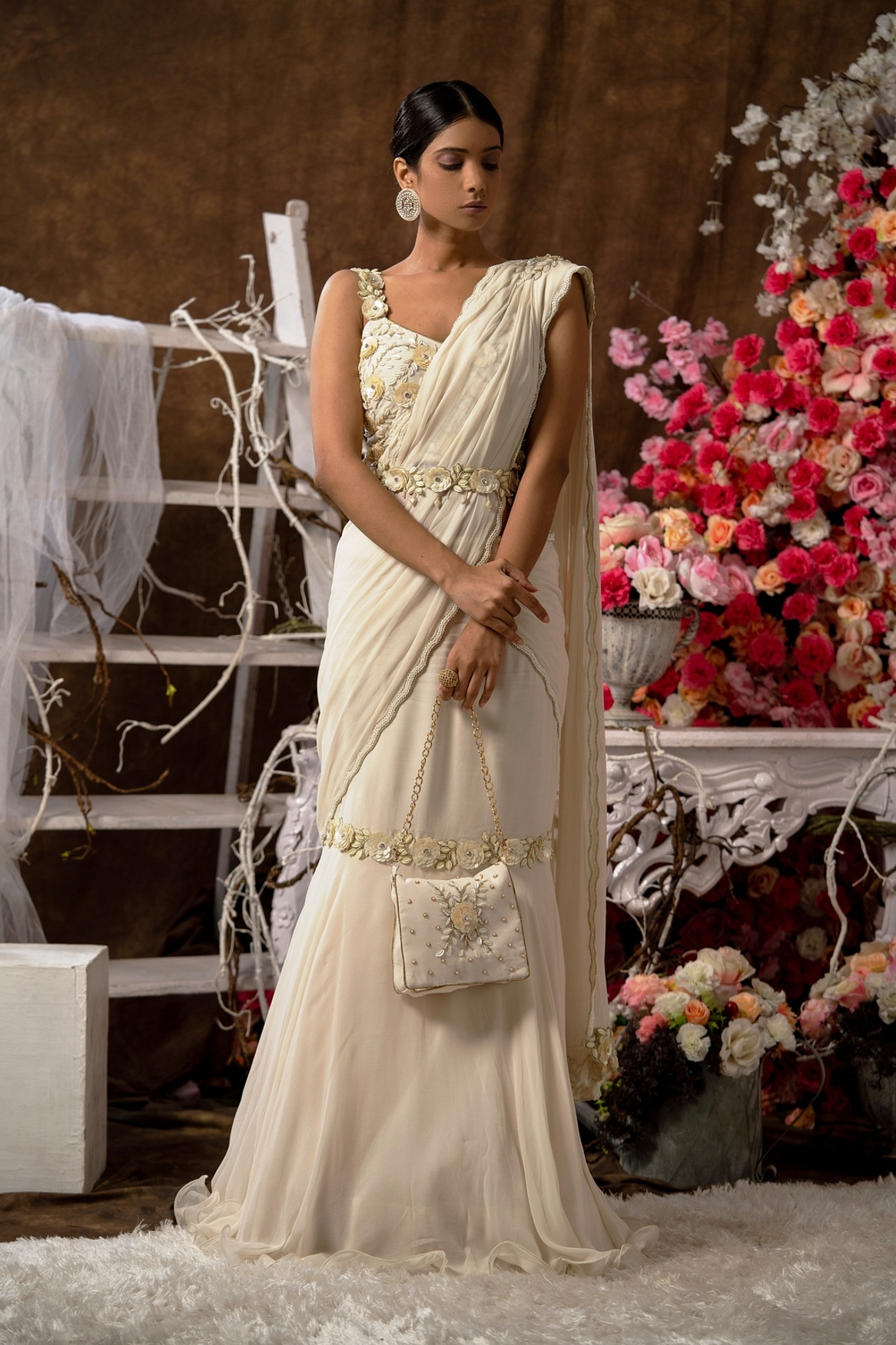 A model showcasing Fishcut Saree With Belt Feature image by Farha Syed from Farha Syed's collection