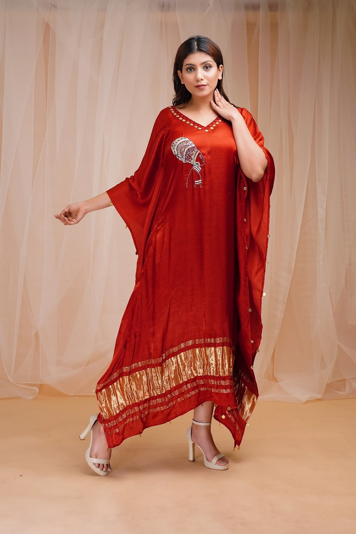 A model showcasing Rust Red Kaftan Feature image by Farha Syed from Farha Syed's collection