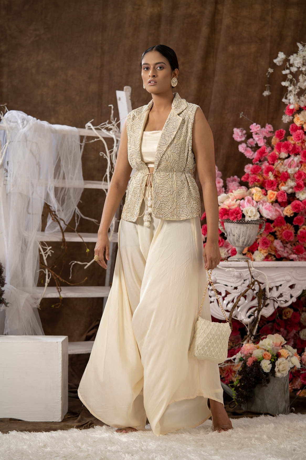 A model showcasing Jacket And Dhoti Pant Set Feature image by Farha Syed from Farha Syed's collection