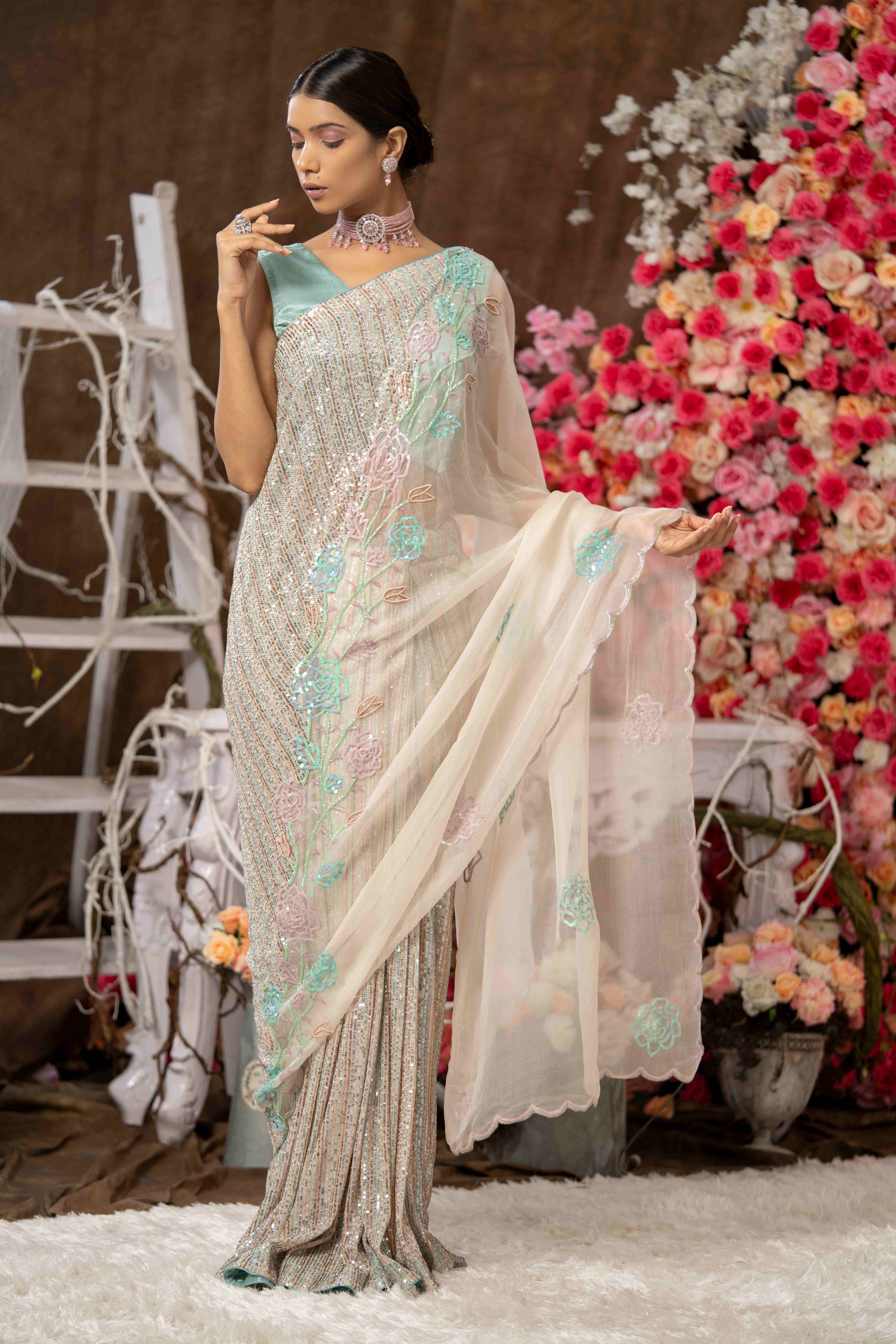 A model showcasing Hand Embroidered Saree Set by Farha Syed from Farha Syed's collection