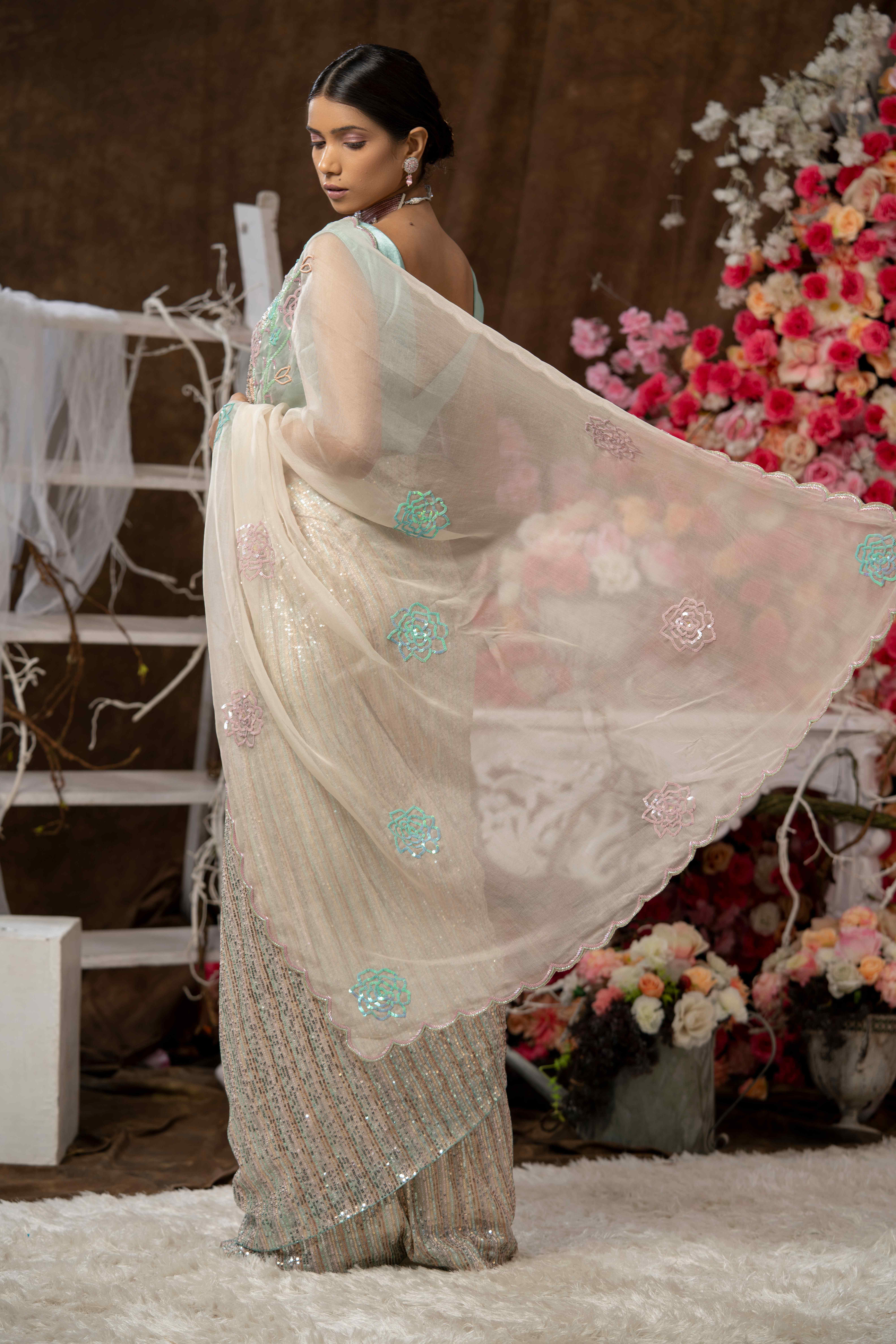 A model showcasing Hand Embroidered Saree Set by Farha Syed from Farha Syed's collection