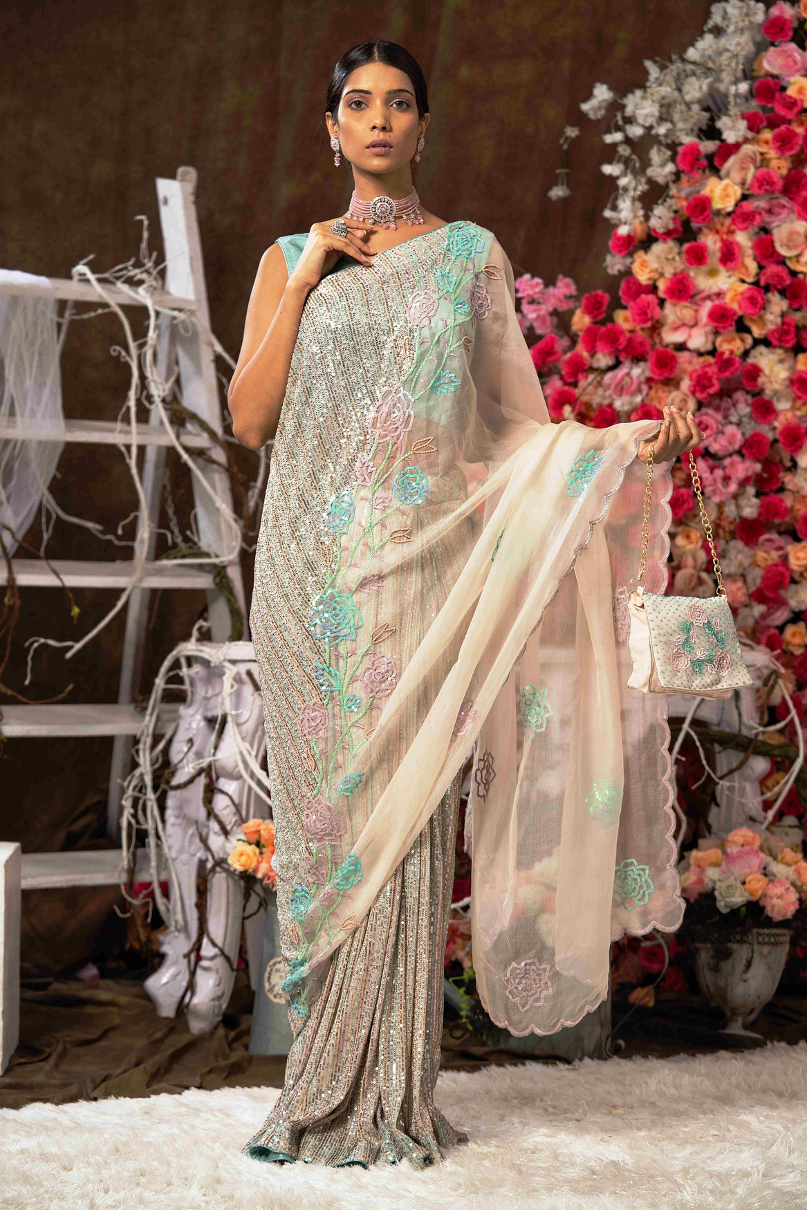 A model showcasing Hand Embroidered Saree Set Feature image by Farha Syed from Farha Syed's collection