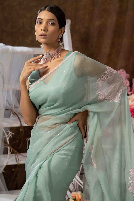 A model showcasing Mint Green Saree by Farha Syed from Farha Syed's collection