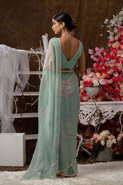 A model showcasing Mint Green Saree by Farha Syed from Farha Syed's collection