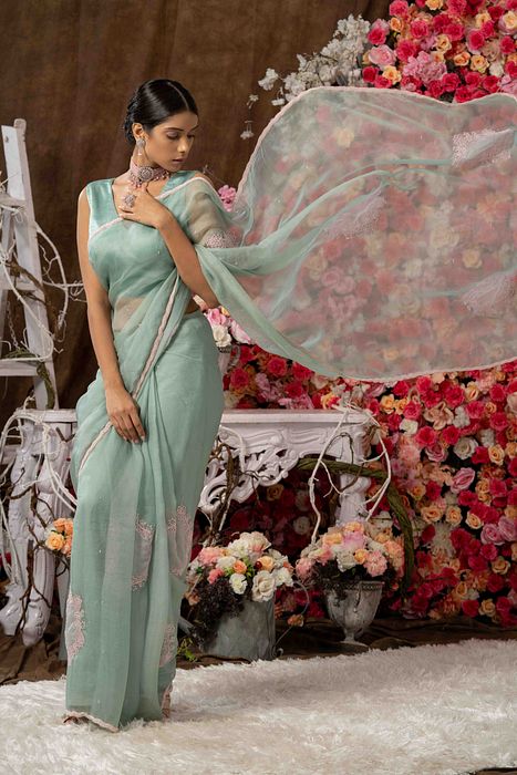 A model showcasing Mint Green Saree by Farha Syed from Farha Syed's collection