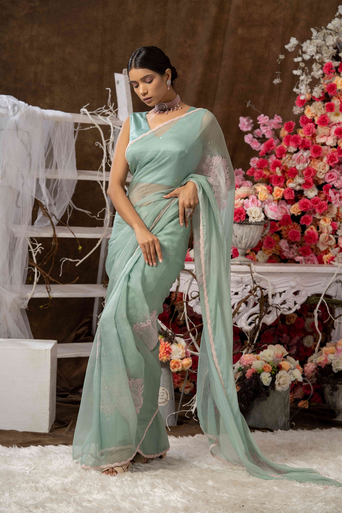 A model showcasing Mint Green Saree Feature image by Farha Syed from Farha Syed's collection
