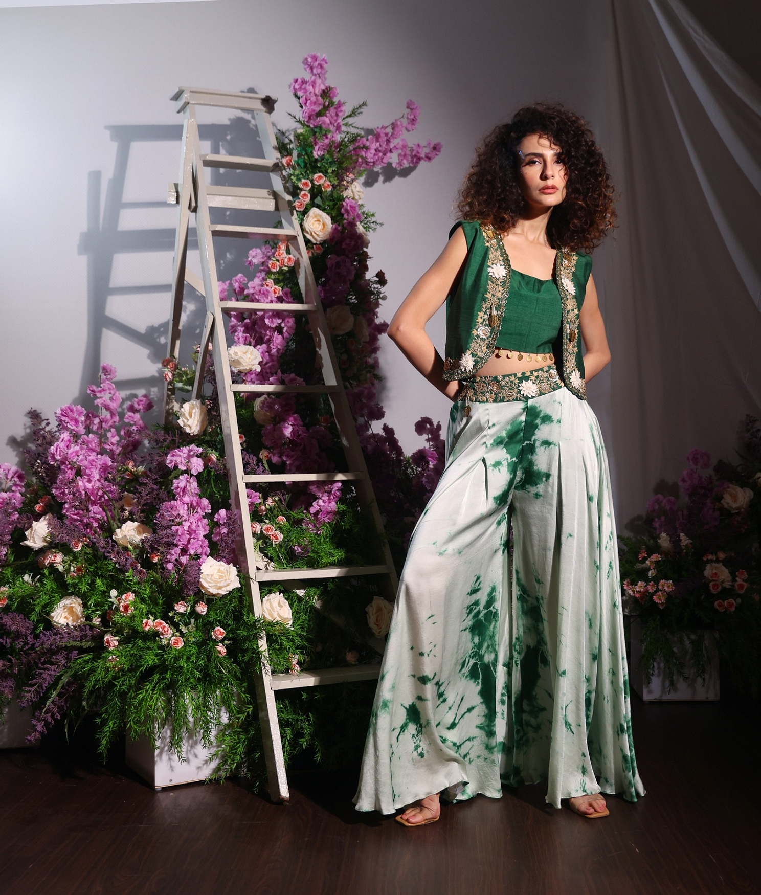 A model showcasing Green Jacket And Plazzo Pant Set Feature image by Ayushi Agarwal from Ayushi Agarwal's collection
