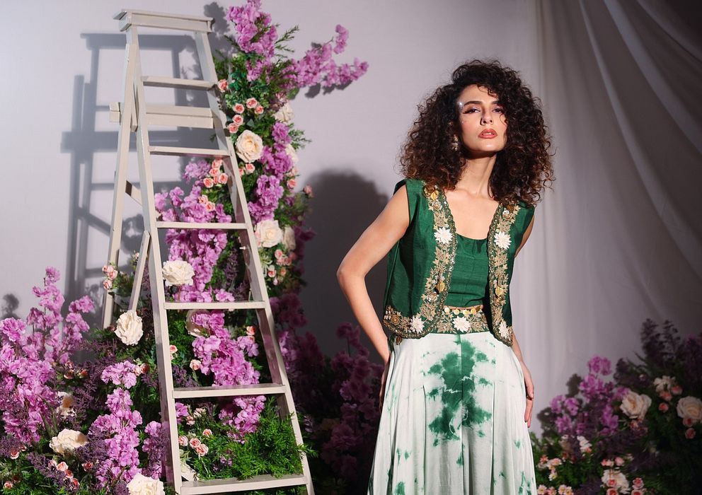 A model showcasing Green Jacket And Plazzo Pant Set by Ayushi Agarwal from Ayushi Agarwal's collection