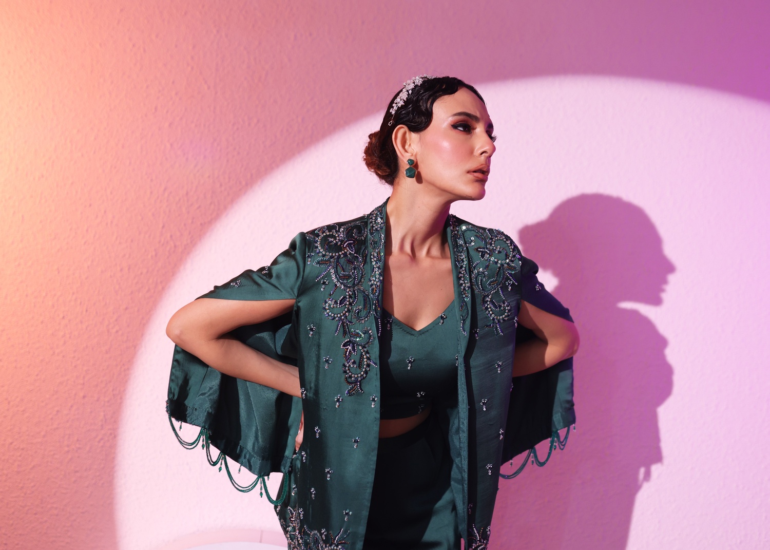 A model showcasing Green Blazer And Pant Set by Ayushi Agarwal from Ayushi Agarwal's collection