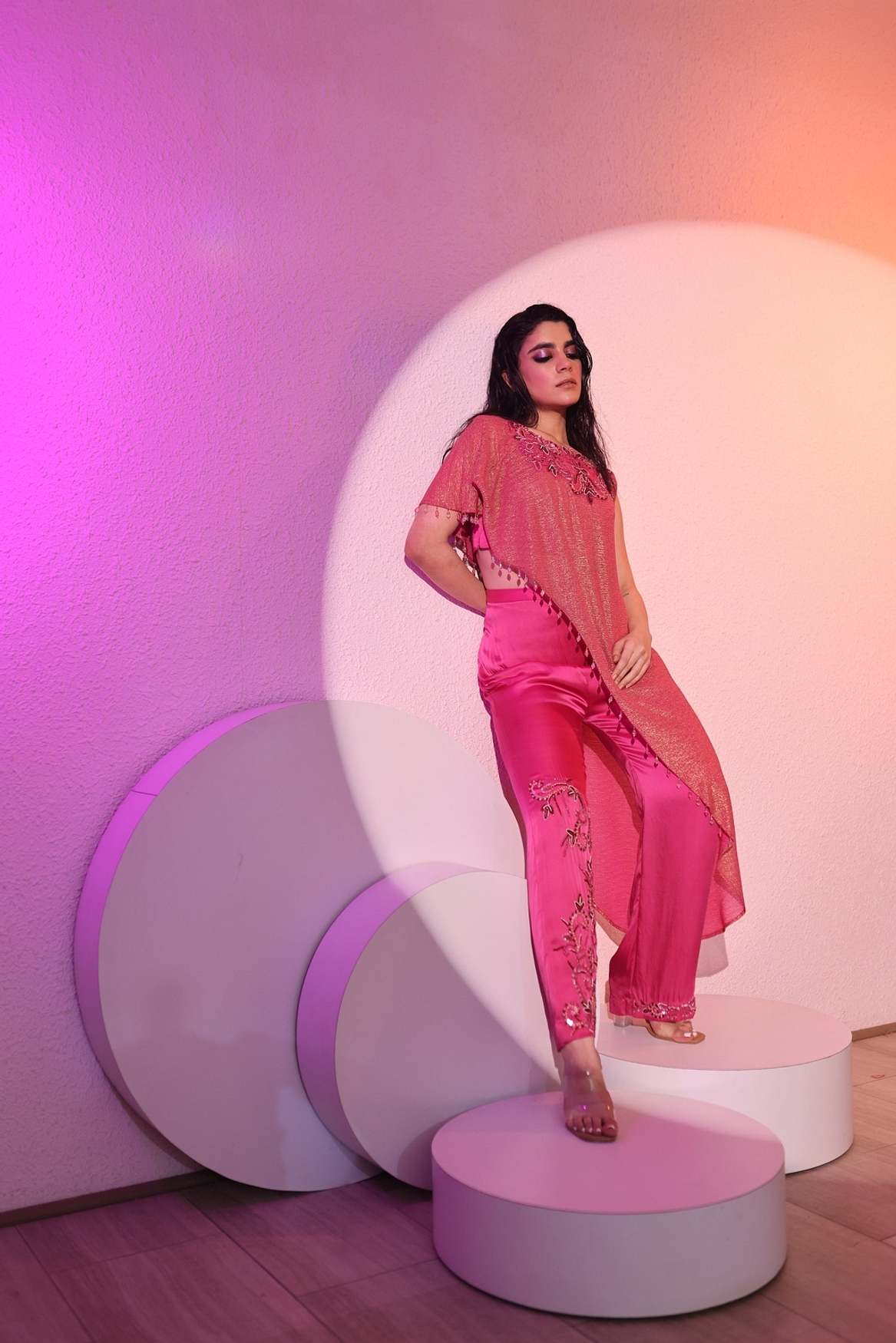 A model showcasing Dual Tone Pink Pant Set Feature image by Ayushi Agarwal from Ayushi Agarwal's collection