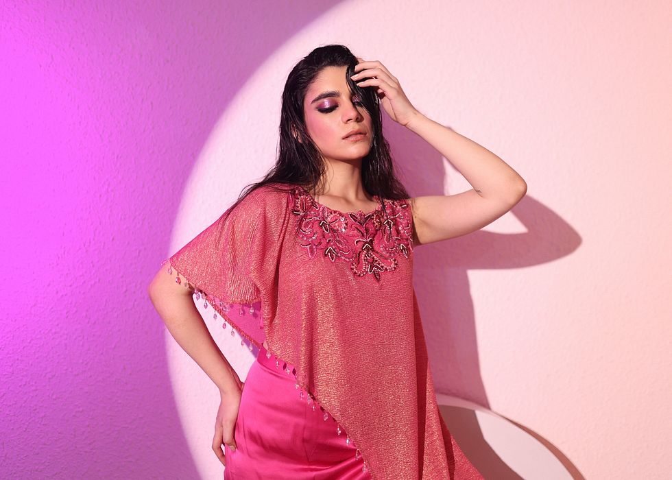 A model showcasing Dual Tone Pink Pant Set by Ayushi Agarwal from Ayushi Agarwal's collection