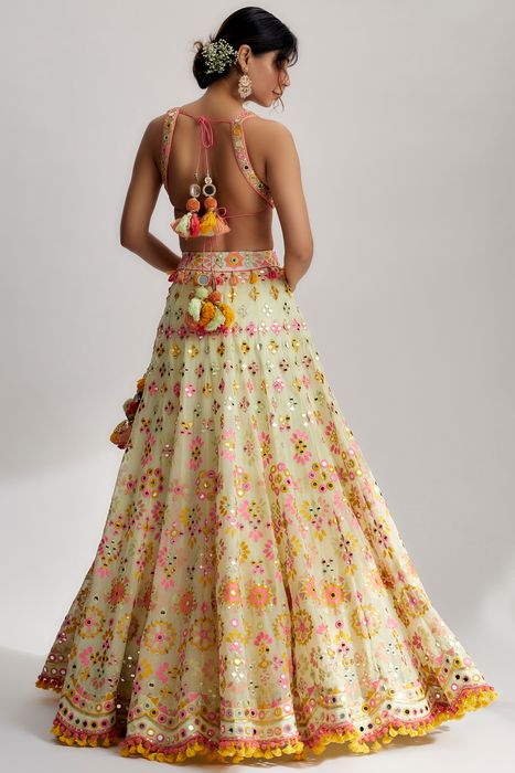 A model showcasing Mint Reeva Mela Lehenga Set by Gopi Vaid from Gopi Vaid's collection