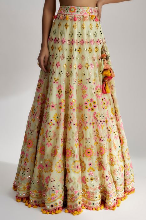 A model showcasing Mint Reeva Mela Lehenga Set by Gopi Vaid from Gopi Vaid's collection