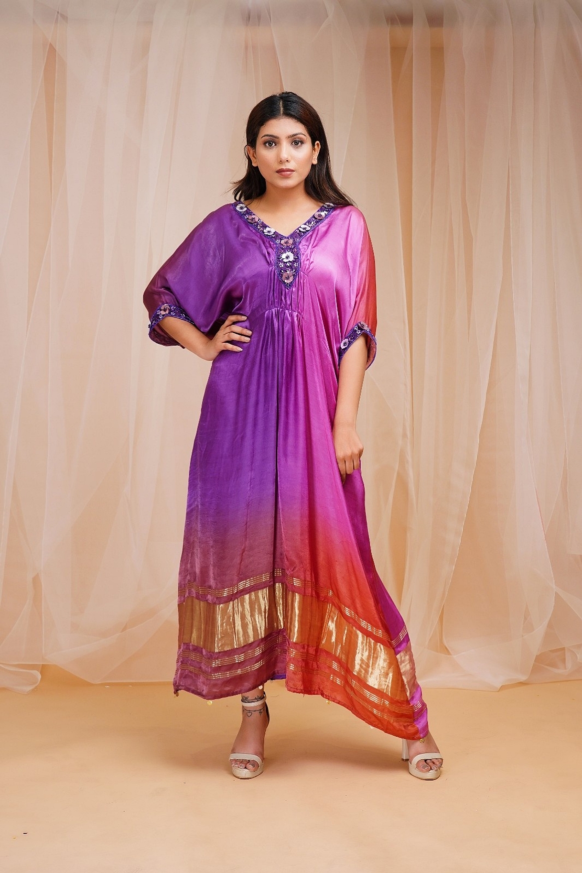 A model showcasing Violet Pink And Rust Red Shaded Kaftaan Feature image by Farha Syed from Farha Syed's collection