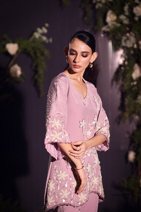 A model showcasing Lilac Coord Set by Ayushi Agarwal from Ayushi Agarwal's collection