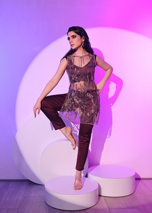 A model showcasing Embroidered Pant Set In Wine by Ayushi Agarwal from Ayushi Agarwal's collection