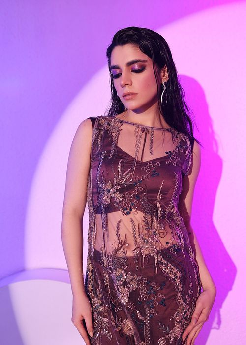 A model showcasing Embroidered Pant Set In Wine by Ayushi Agarwal from Ayushi Agarwal's collection