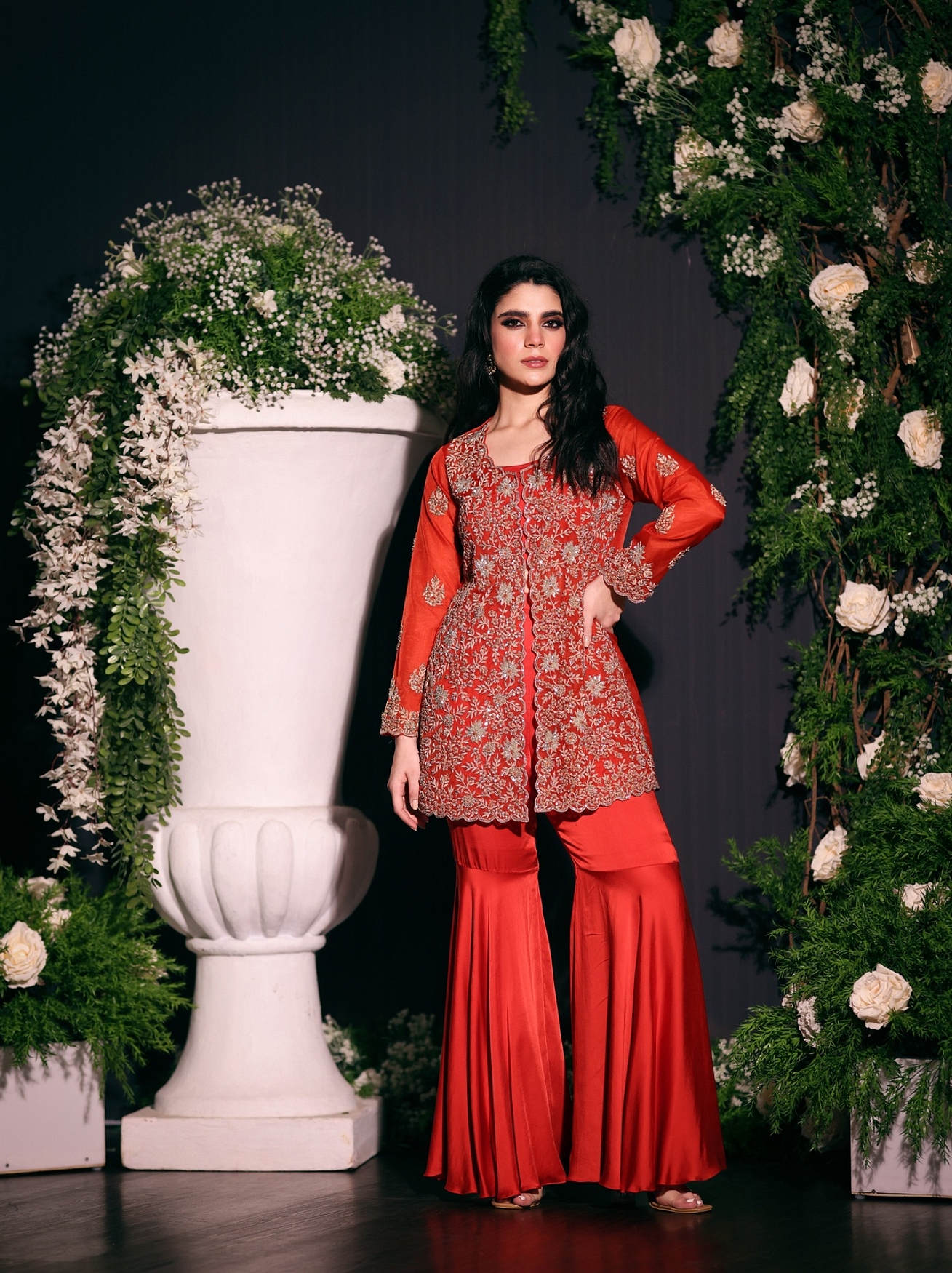 A model showcasing Rust Jacket With Sharara Feature image by Ayushi Agarwal from Ayushi Agarwal's collection