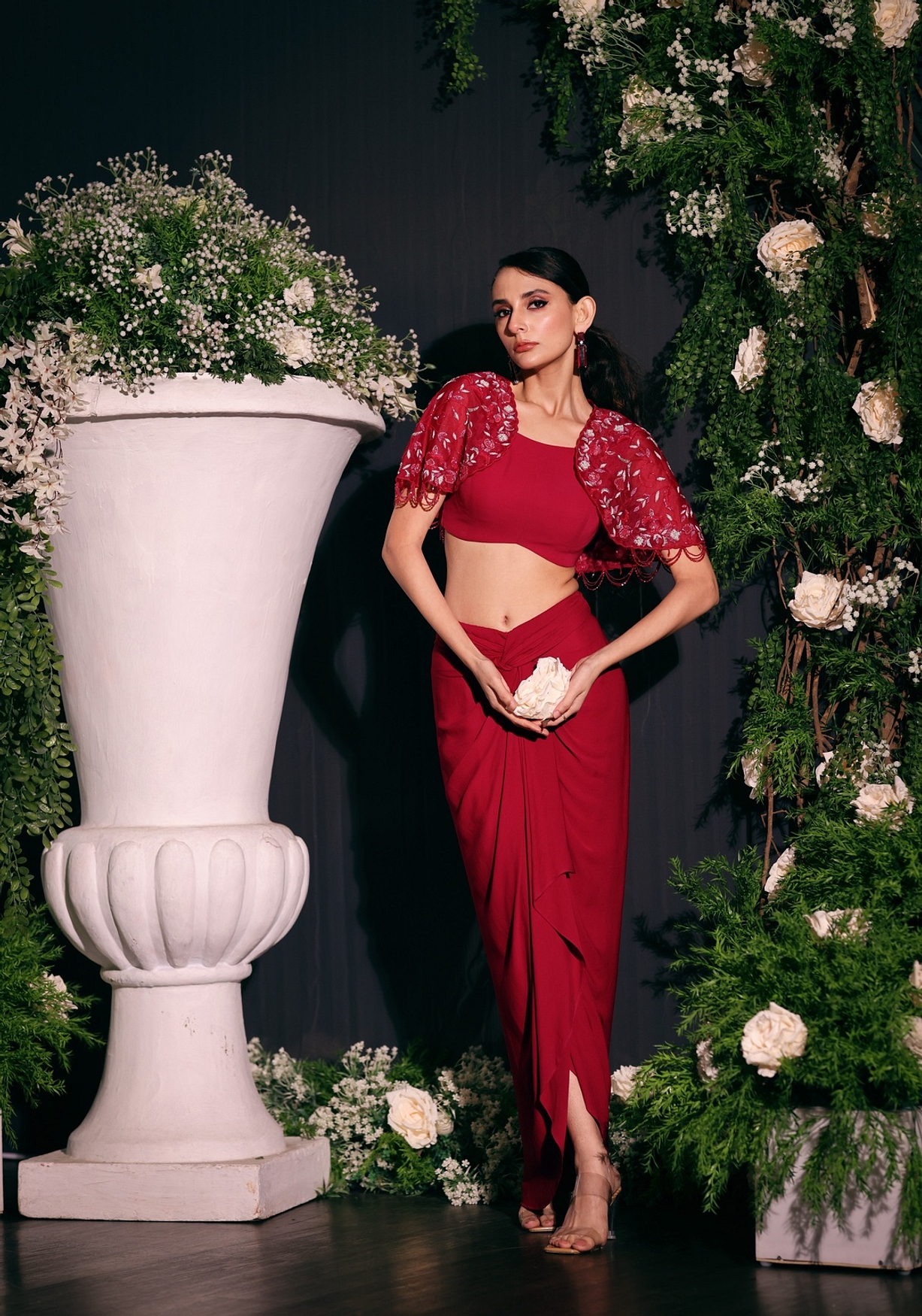 A model showcasing Fuschia Drape Skirt Set Feature image by Ayushi Agarwal from Ayushi Agarwal's collection