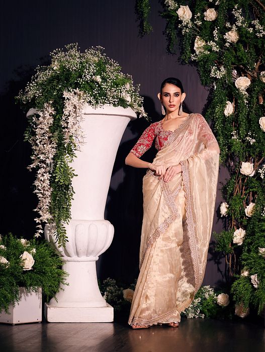 A model showcasing Red And Gold Organza Saree by Ayushi Agarwal from Ayushi Agarwal's collection