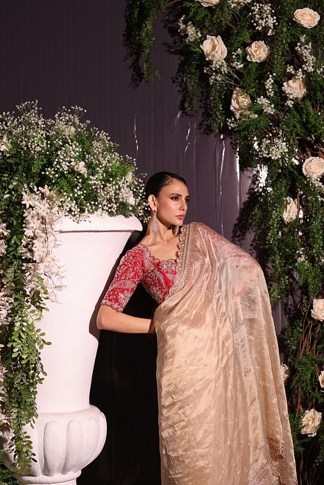 A model showcasing Red And Gold Organza Saree by Ayushi Agarwal from Ayushi Agarwal's collection