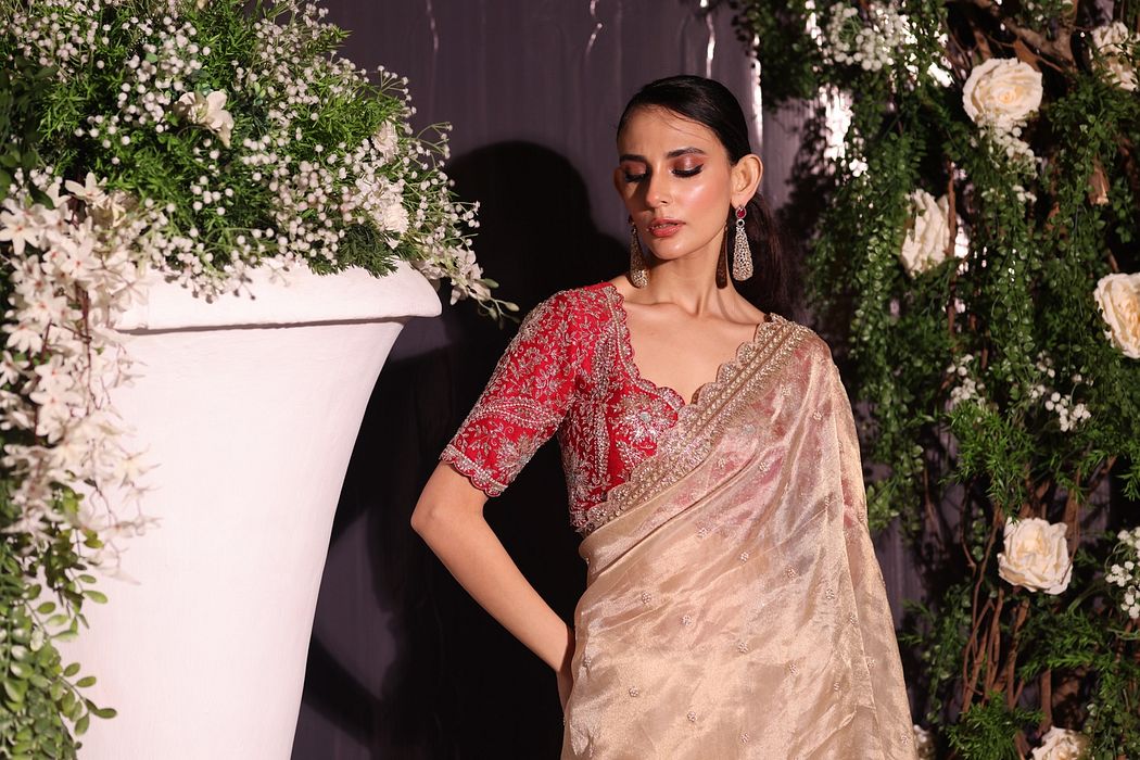 A model showcasing Red And Gold Organza Saree by Ayushi Agarwal from Ayushi Agarwal's collection