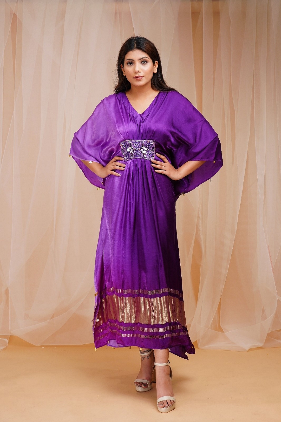 A model showcasing Heliotrope Purple Violet Shaded Kaftaan Feature image by Farha Syed from Farha Syed's collection