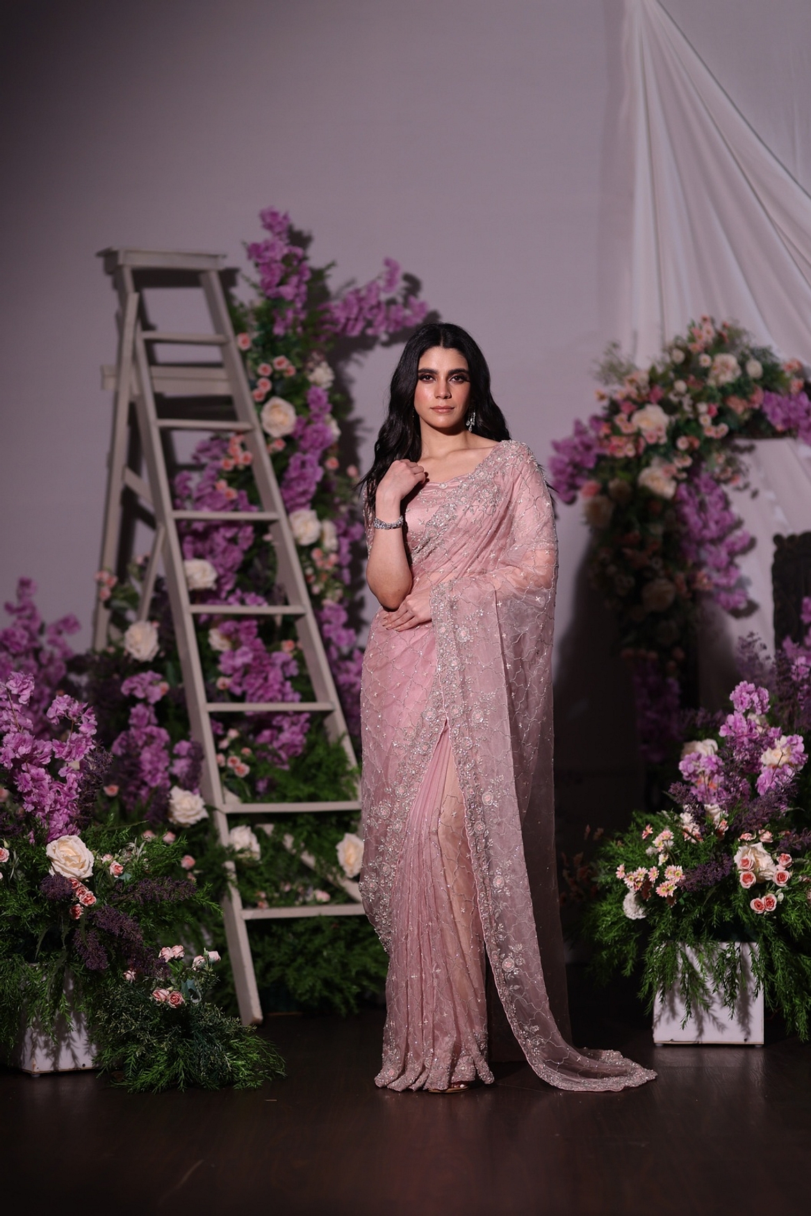 A model showcasing Lavender Organza Saree Feature image by Ayushi Agarwal from Ayushi Agarwal's collection