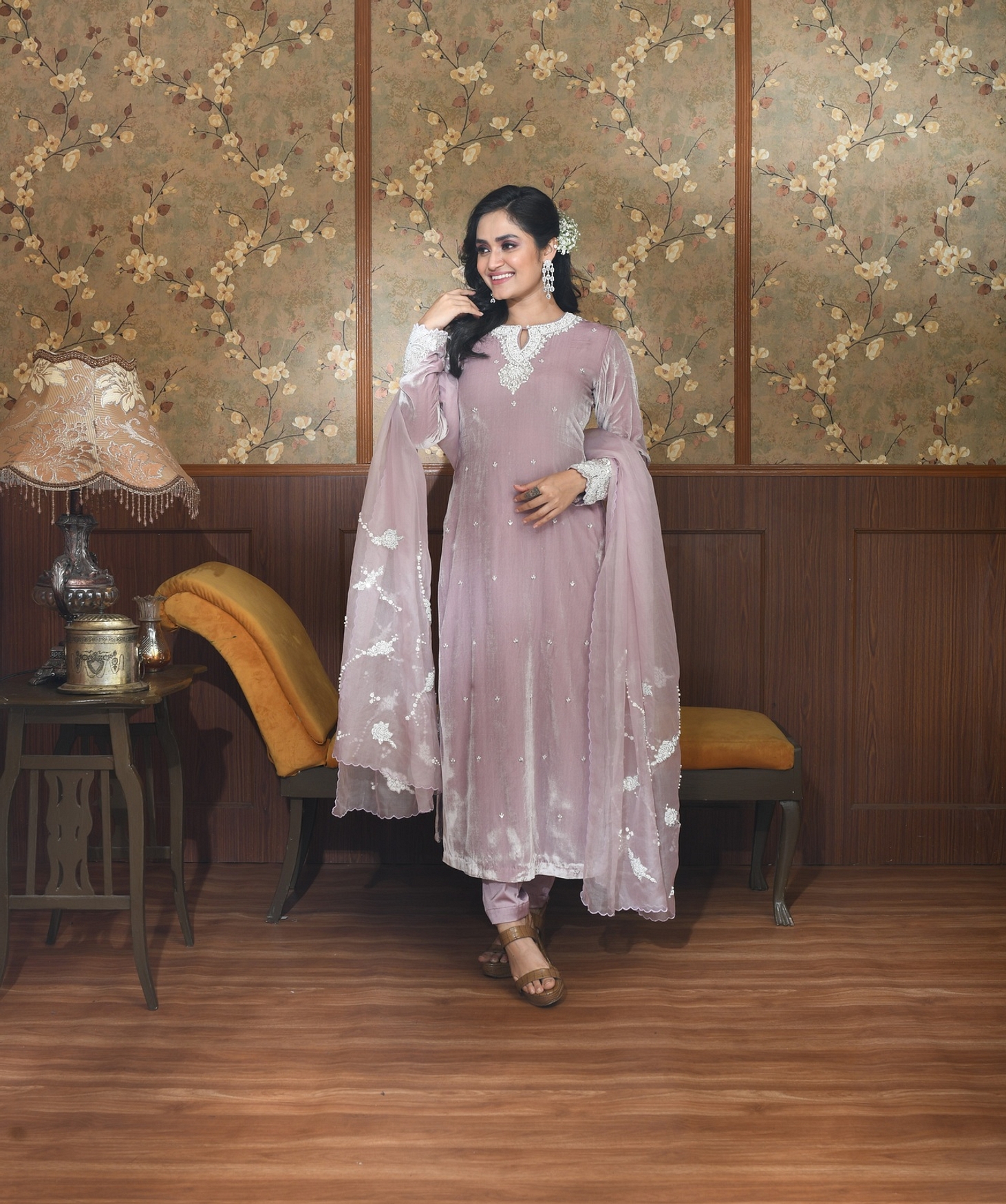 A model showcasing Pink Arya Velvel Suit Feature image by Ayushi Agarwal from Ayushi Agarwal's collection