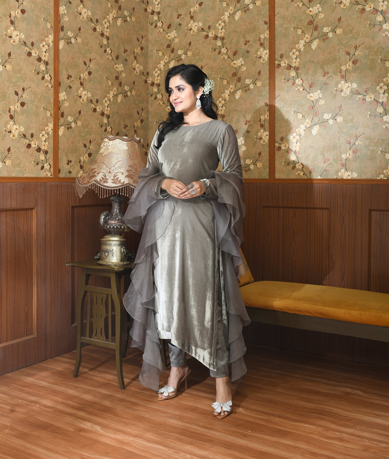 A model showcasing Grey Liora Suit Set Feature image by Ayushi Agarwal from Ayushi Agarwal's collection