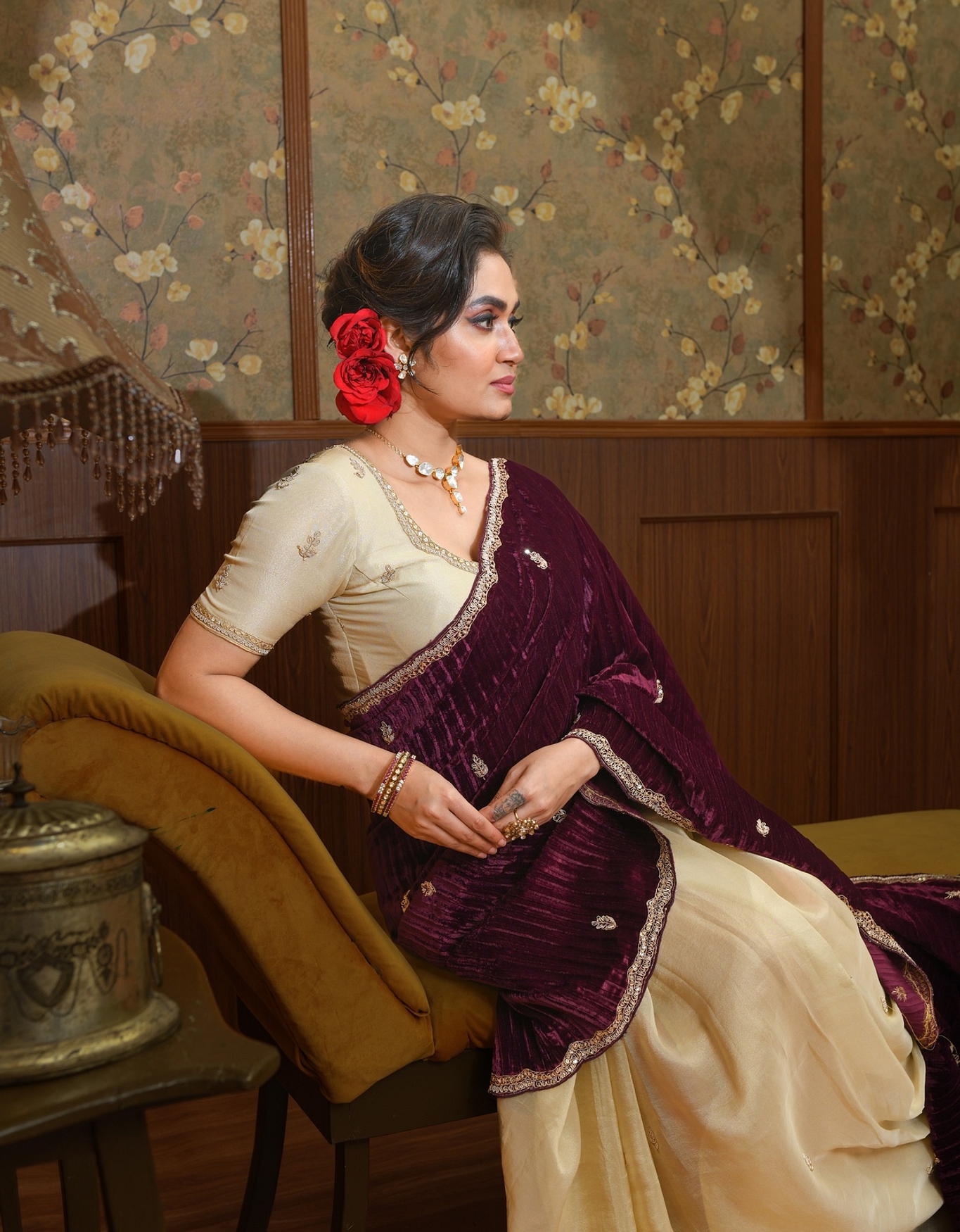A model showcasing Kira Gold And Magenta Velvet Saree Feature image by Ayushi Agarwal from Ayushi Agarwal's collection