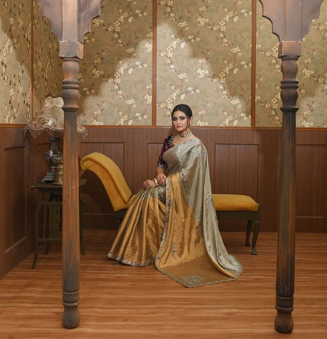 A model showcasing Inara Gold And Silver Metallic Saree by Ayushi Agarwal from Ayushi Agarwal's collection