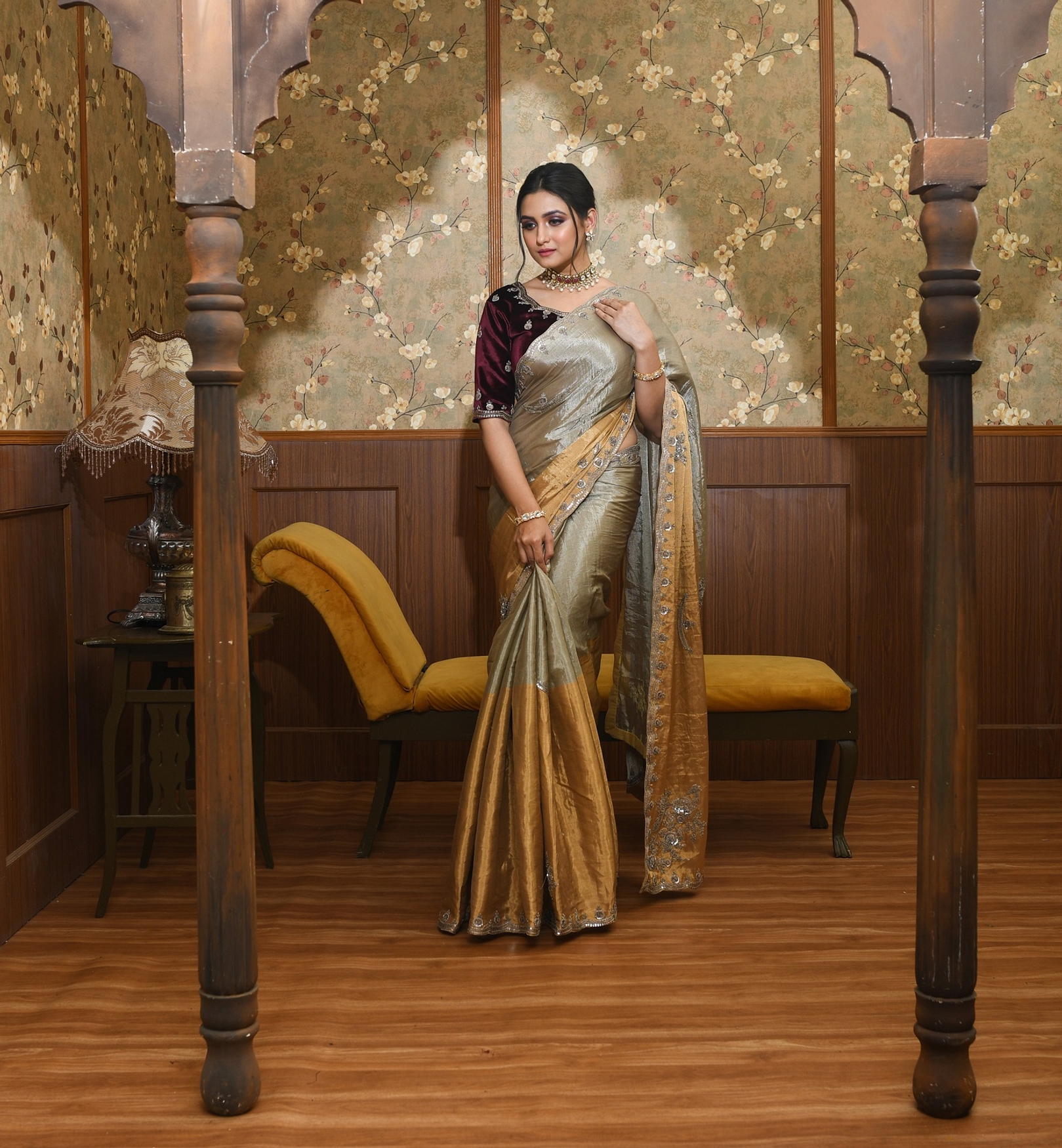 A model showcasing Inara Gold And Silver Metallic Saree Feature image by Ayushi Agarwal from Ayushi Agarwal's collection