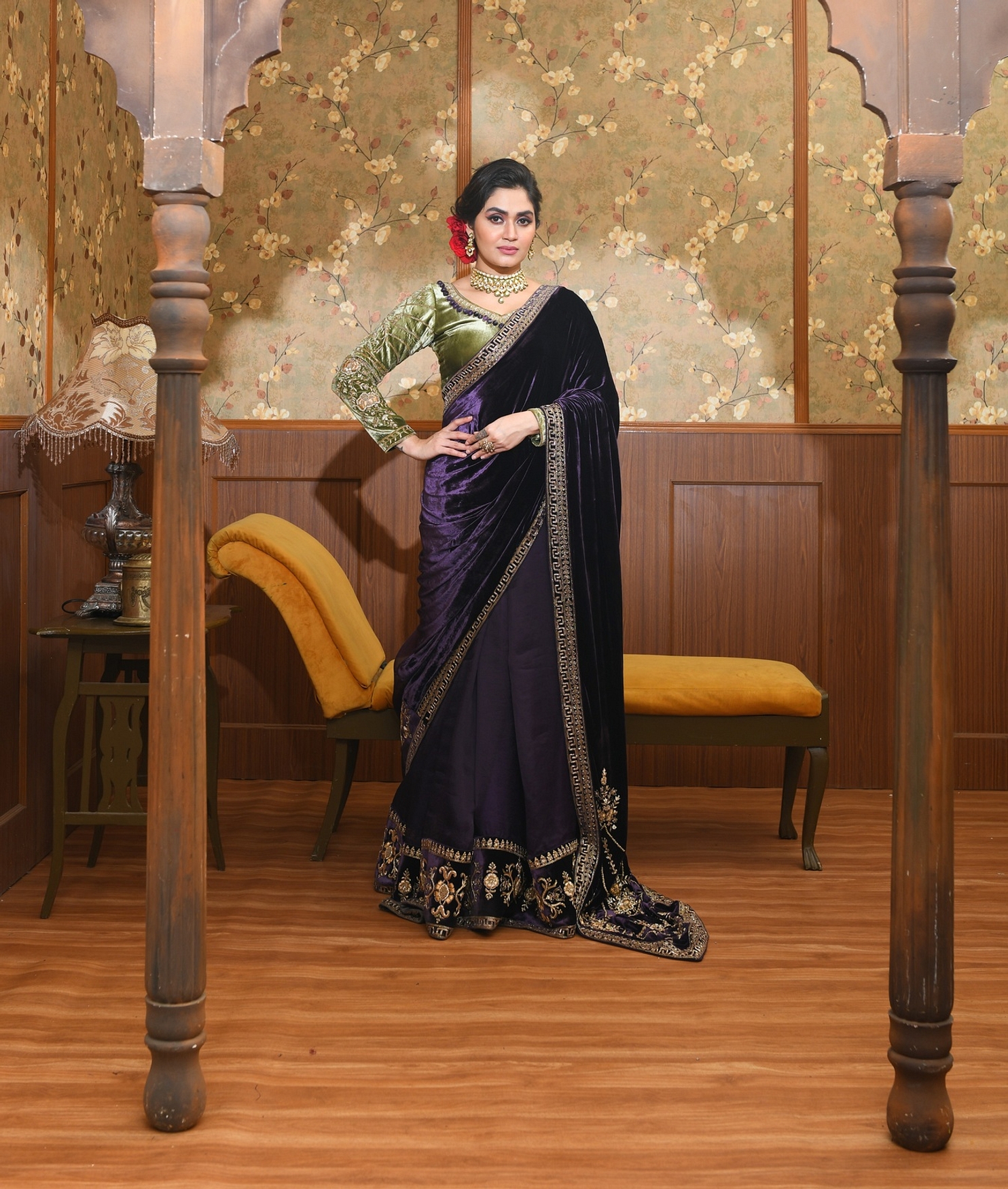 A model showcasing Adira Green And Purple Saree Set Feature image by Ayushi Agarwal from Ayushi Agarwal's collection